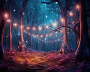 The forest scene is gloomy with glowing lights at night. (Generative AI)