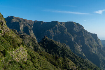 Mountain landscape. View of mountains on the route Queimadas Forestry Park - Caldeirao Verde. Madeira Island, Portugal, Europe.