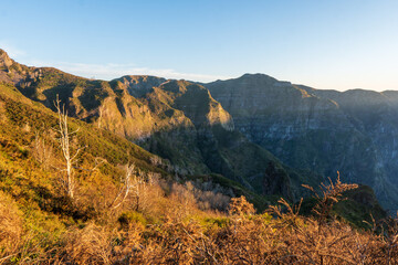 Mountain scenery at sunset of Madeira Parque Natural da Madeira at sunset. portugal