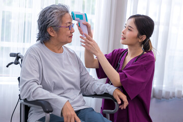 Obraz premium Caregiver nurse take care a Senior patient walking in park. Nurse helping senior Woman.
