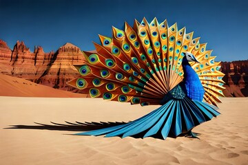 Illustration of peacock portrait with beautiful feathers on the beach. Generative AI