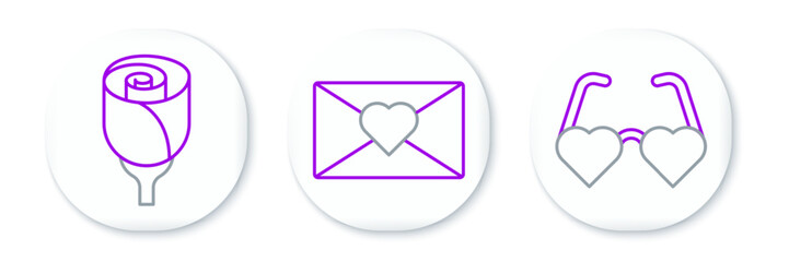 Set line Heart shaped love glasses, Flower rose and Envelope with Valentine heart icon. Vector