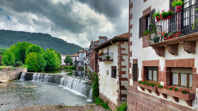 Baztan river and Elizondo village, Baztan valley, Navarre, Spain
