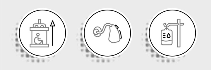 Set line IV bag, Elevator for disabled and Hearing aid icon. Vector