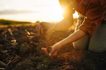Hand of expert farmer checking soil quality before sowing. Agriculture, gardening or ecology...