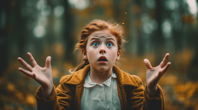 a red-haired girl in a yellow coat and in an autumn park is catching something with a scared face and outstretched arms, generated by AI