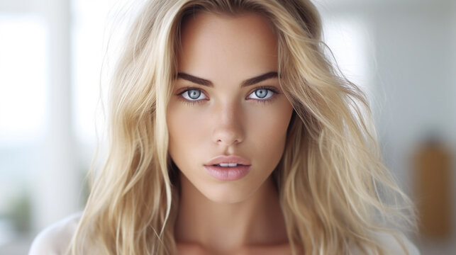 portrait of a beautiful blonde girl with blue eyes, created by AI