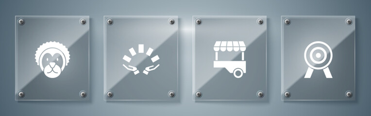 Set Target, Fast street food cart, Hand holding playing cards and Wild lion. Square glass panels. Vector