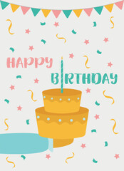 Postcard, banner, poster, background. Birthday greeting card with gift, balloon, cake, candles, candy, decoration, gift box. Vector illustration in flat design, EPS10.