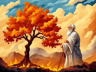 Colorful painting art of the biblical Moses and the burning bush. Christian abstract concept. AI generated illustration.