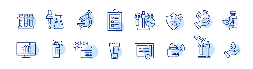 Cosmetics production icons. Laboratory process, ingredients and data analytics. Pixel perfect, editable stroke icons