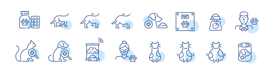 Pet obesity criteria. Veterinary healthcare, special weight loss food. Pixel perfect, editable stroke line icons set