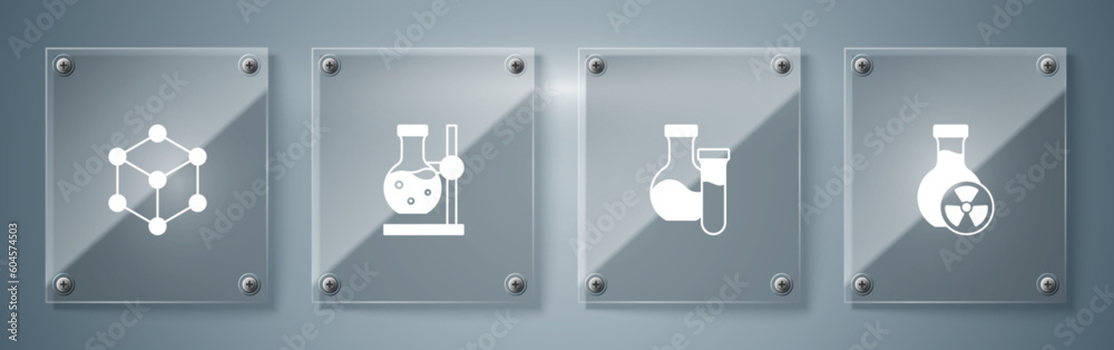 Sticker Set Test tube with toxic liquid, flask on stand and Molecule. Square glass panels. Vector