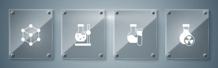Set Test tube with toxic liquid, flask on stand and Molecule. Square glass panels. Vector