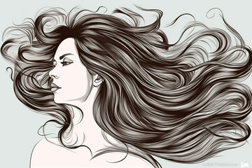 long hair girl profile outline monochrome drawing Generative Ai