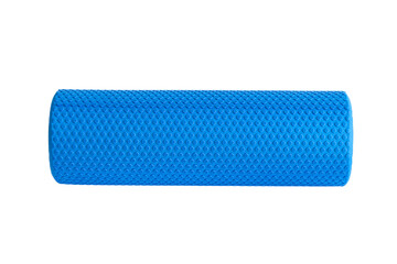 A blue massage foam roller isolated on a white background. Close-up. Foam rolling is a self myofascial release technique. Concept of fitness equipment.