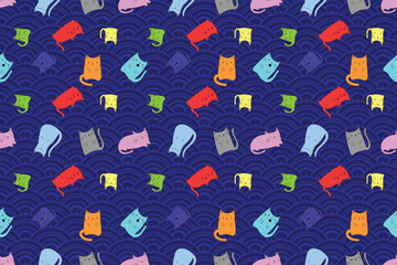 Illustration Pattern of the cats on japan wave with deep blue color background.