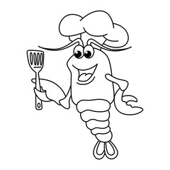 Funny shrimp chef cartoon characters vector illustration. For kids coloring book.