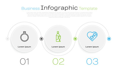 Set line Diamond engagement ring, Champagne bottle and Candy heart shaped box. Business infographic template. Vector