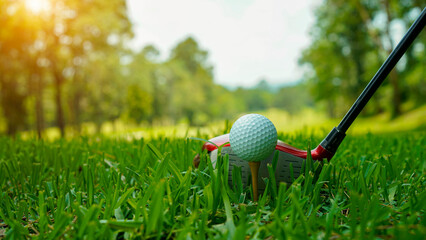 Golf ball and golf club in beautiful golf course at Thailand.