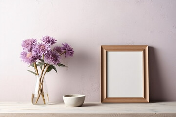 Blank wooden poster and picture frame in minimalist contemporary interior  with flowers with white wall minimalist 3d rendering