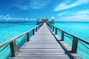 Fototapeta na wymiar wooden pier by the beach in maldives with palm trees and turquoise sea