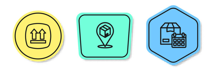 Set line This side up, Location with cardboard box and Cardboard calendar. Colored shapes. Vector