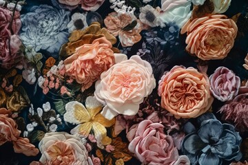 Generative AI illustration of Background of colorful blooming flowers with gentle petals viewed from above. nature concept