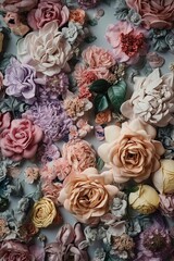 Generative AI illustration of Background of colorful blooming flowers with gentle petals viewed from above. nature concept