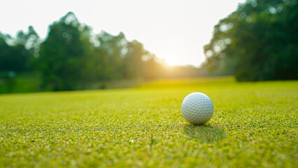 Golf ball on green grass in the evening golf course with sunshine background.