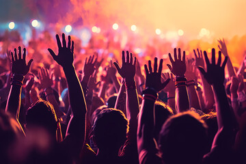 Fototapeta na wymiar crowd of people with their hands in the air dancing at a concert 