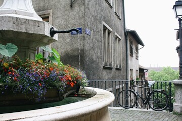 Detalle de fuente con bicicleta de fondo en Rue du Peron (Ginebra, Suiza) , con flores.  - obrazy, fototapety, plakaty