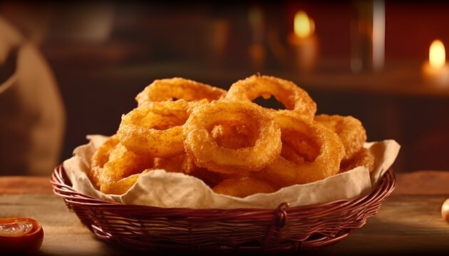 Crispy battered onion rings served in a rustic basket