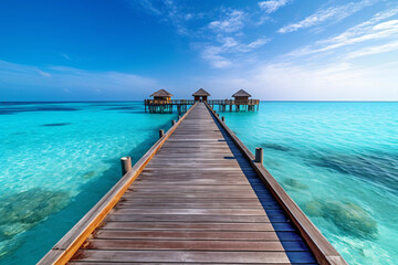 Fototapeta na wymiar tropical beach with wooden pier over turquoise sea 