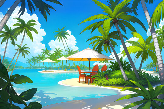 cartoon illustration of tropical island, sea, beach, resort, palm trees and coconut trees in summer vacation. generative AI.