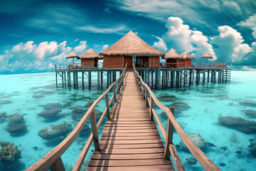 Obraz na płótnie Canvas PIER VIEW OF TURQUOISE SEA WATER BUNGALOW IN TROPICAL ISLAND, MALDIVES, INDIAN OCEAN