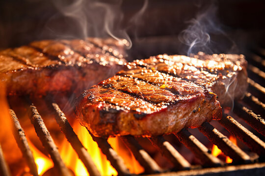 american bbq steaks cooking on grill, barbecue with grilled meat 