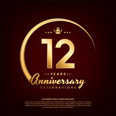 12 year anniversary template design with golden number and ring for birthday celebration event, invitation, banner poster, flyer, and greeting card, vector template