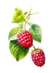 Watercolor illustration of raspberries isolated on white background. Generative AI.