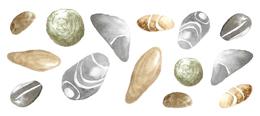 Rest by the sea. A set of marine shore stones in round, oval and irregular shapes in gray, green and striped in different sizes. Watercolor illustration by hand on a white background.