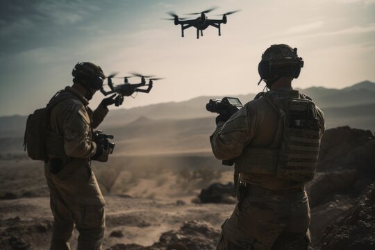 Two soldiers with their backs to the camera launch a full size military combat drone into flight
