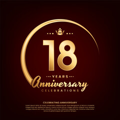 18 year anniversary template design with golden number and ring for birthday celebration event, invitation, banner poster, flyer, and greeting card, vector template