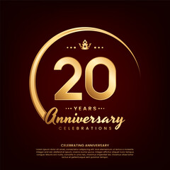 20 year anniversary template design with golden number and ring for birthday celebration event, invitation, banner poster, flyer, and greeting card, vector template