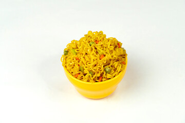 Bowl of instant noodles on white background 