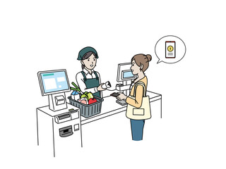 スーパー買い物をする女性　スマホ決済