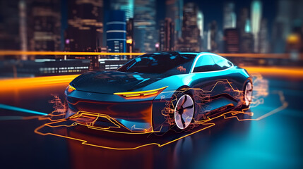 EV electric car system.futuristic car in night with morden light smart city.