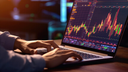 Digital investment, trading, financial business growth concepts. Increasing business stock graph appear on laptop computer using by business people trader who invest online stock market, vertical.