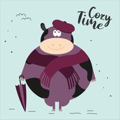 Cozy Time   Illustration with Cow and Scarf, Beret,Umbrella