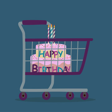  Illustration  with a Shopping Cart and Happy Birthday Card 