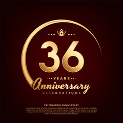 36 year anniversary template design with golden number and ring for birthday celebration event, invitation, banner poster, flyer, and greeting card, vector template